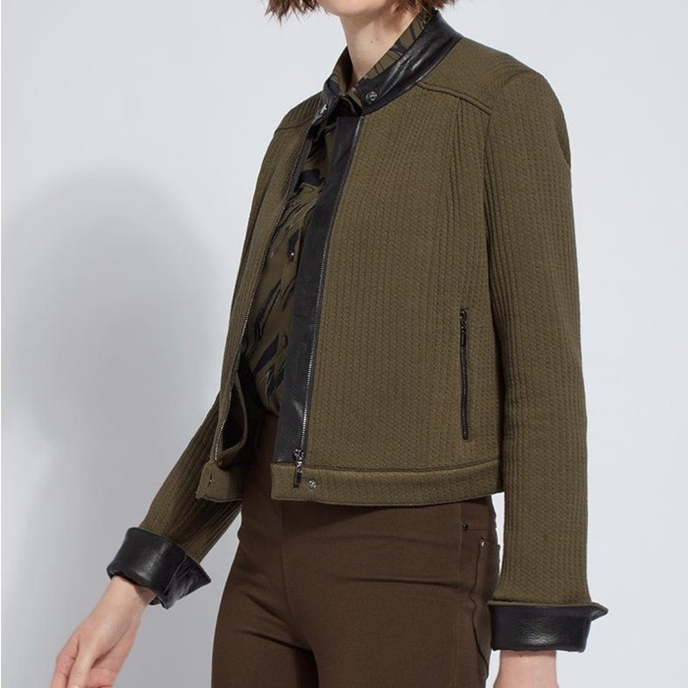 Lyssé Comfy Cider Jacket Olive Green Quilted Collarless Faux Leather Moto Zip